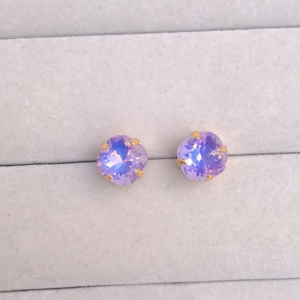Lilac Purple Opal Aurora Borealis + Gold Cushion Cut Crystal Earrings - Picture 8 of 8
